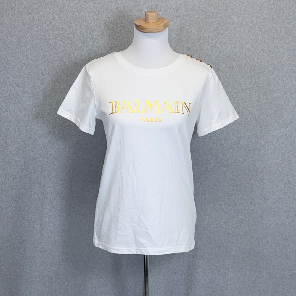 Balmain Women's White Gold Logo Cotton T-Shirt Large Decorative Buttons